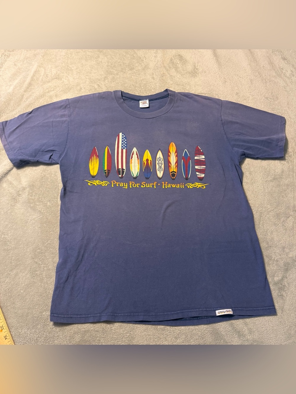 Vintage 90s Crazy Shirt Hawaii "Pray For Surf"  Adult Size X-Large Faded Blue